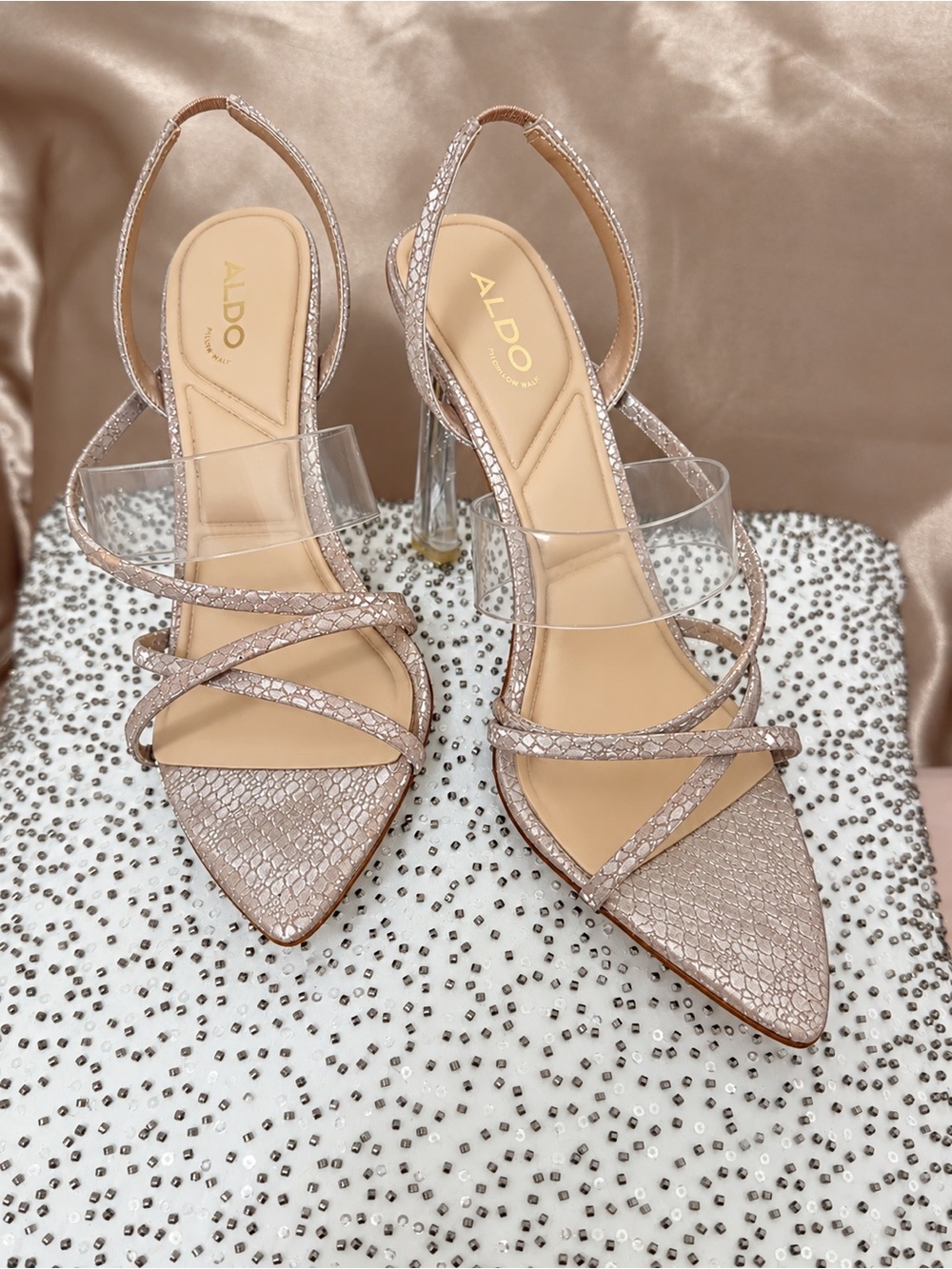 ALDO Rose Gold Textured Pointed-Toe Slingback Heels with Clear Band